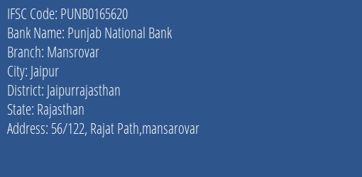 Punjab National Bank Mansrovar Branch Jaipurrajasthan IFSC Code PUNB0165620
