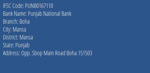 Punjab National Bank Boha Branch Mansa IFSC Code PUNB0167110