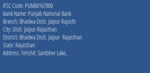 Punjab National Bank Bhadwa Distt. Jaipur Rajasth Branch Bhadwa Distt. Jaipur Rajasthan IFSC Code PUNB0167800