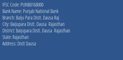Punjab National Bank Baiju Para Distt. Dausa Raj Branch Baijupara Distt. Dausa Rajasthan IFSC Code PUNB0168000