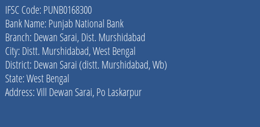 Punjab National Bank Dewan Sarai Dist. Murshidabad Branch Dewan Sarai Distt. Murshidabad Wb IFSC Code PUNB0168300
