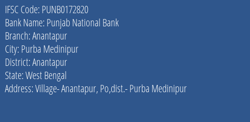 Punjab National Bank Anantapur Branch Anantapur IFSC Code PUNB0172820