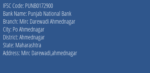 Punjab National Bank Mirc Darewadi Ahmednagar Branch Ahmednagar IFSC Code PUNB0172900