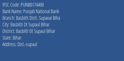 Punjab National Bank Basbitti Distt. Supaval Biha Branch Basbitti Dt Supaul Bihar IFSC Code PUNB0174400