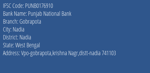 Punjab National Bank Gobrapota Branch Nadia IFSC Code PUNB0176910