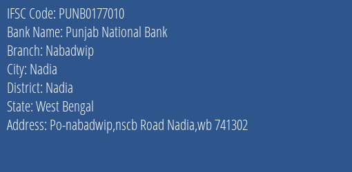 Punjab National Bank Nabadwip Branch Nadia IFSC Code PUNB0177010
