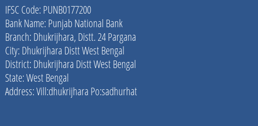 Punjab National Bank Dhukrijhara Distt. 24 Pargana Branch Dhukrijhara Distt West Bengal IFSC Code PUNB0177200