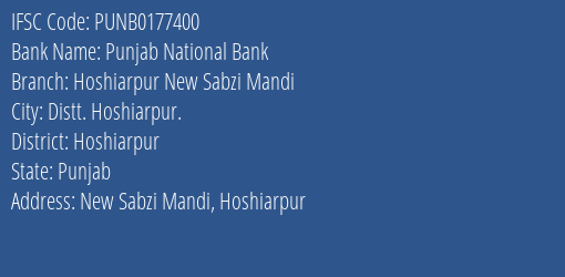 Punjab National Bank Hoshiarpur New Sabzi Mandi Branch Hoshiarpur IFSC Code PUNB0177400