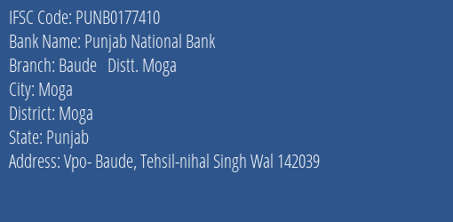 Punjab National Bank Baude Distt. Moga Branch Moga IFSC Code PUNB0177410