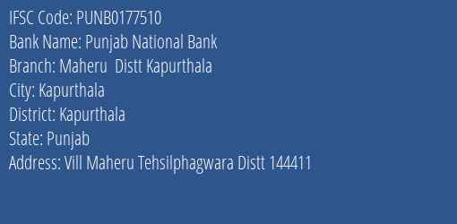 Punjab National Bank Maheru Distt Kapurthala Branch Kapurthala IFSC Code PUNB0177510