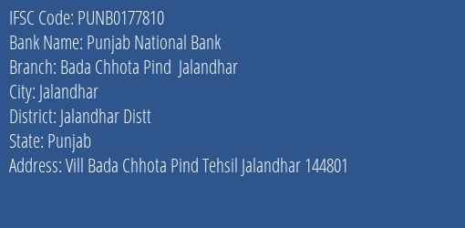 Punjab National Bank Bada Chhota Pind Jalandhar Branch Jalandhar Distt IFSC Code PUNB0177810