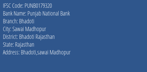 Punjab National Bank Bhadoti Branch Bhadoti Rajasthan IFSC Code PUNB0179320