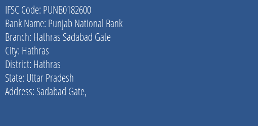 Punjab National Bank Hathras Sadabad Gate Branch, Branch Code 182600 & IFSC Code Punb0182600