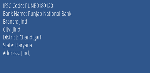 Punjab National Bank Jind Branch Chandigarh IFSC Code PUNB0189120