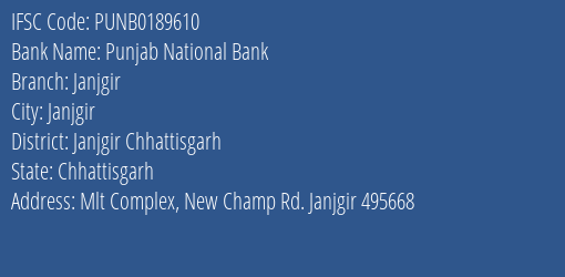 Punjab National Bank Janjgir Branch Janjgir Chhattisgarh IFSC Code PUNB0189610