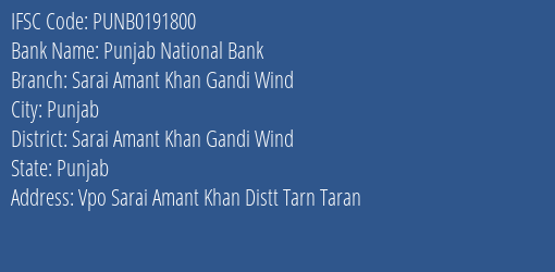Punjab National Bank Sarai Amant Khan Gandi Wind Branch Sarai Amant Khan Gandi Wind IFSC Code PUNB0191800