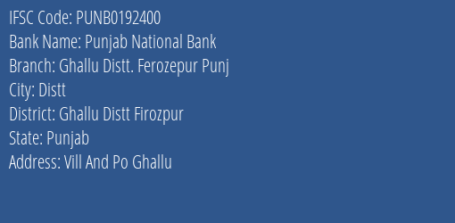 Punjab National Bank Ghallu Distt. Ferozepur Punj Branch Ghallu Distt Firozpur IFSC Code PUNB0192400