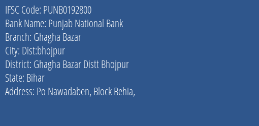 Punjab National Bank Ghagha Bazar Branch Ghagha Bazar Distt Bhojpur IFSC Code PUNB0192800