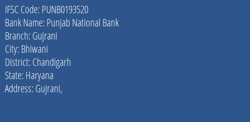 Punjab National Bank Gujrani Branch, Branch Code 193520 & IFSC Code Punb0193520