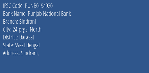 Punjab National Bank Sindrani Branch Barasat IFSC Code PUNB0194920