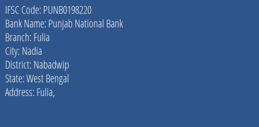 Punjab National Bank Fulia Branch Nabadwip IFSC Code PUNB0198220