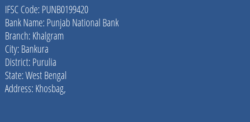 Punjab National Bank Khalgram Branch Purulia IFSC Code PUNB0199420