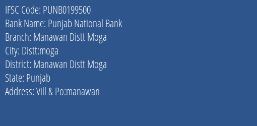 Punjab National Bank Manawan Distt Moga Branch Manawan Distt Moga IFSC Code PUNB0199500
