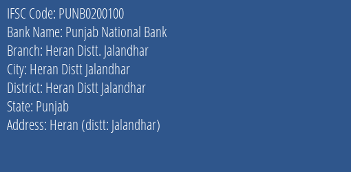 Punjab National Bank Heran Distt. Jalandhar Branch Heran Distt Jalandhar IFSC Code PUNB0200100
