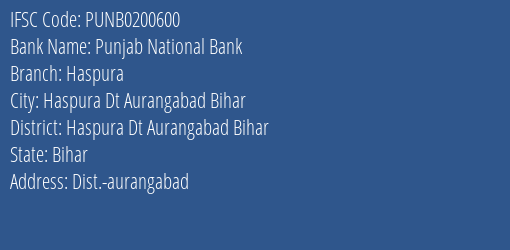 Punjab National Bank Haspura Branch Haspura Dt Aurangabad Bihar IFSC Code PUNB0200600