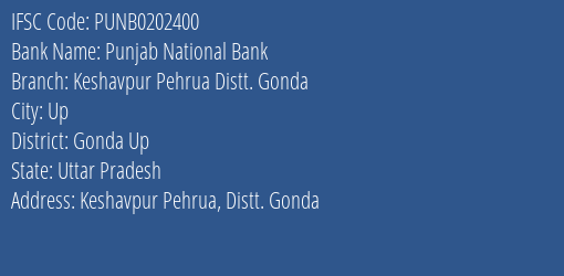 Punjab National Bank Keshavpur Pehrua Distt. Gonda Branch, Branch Code 202400 & IFSC Code Punb0202400