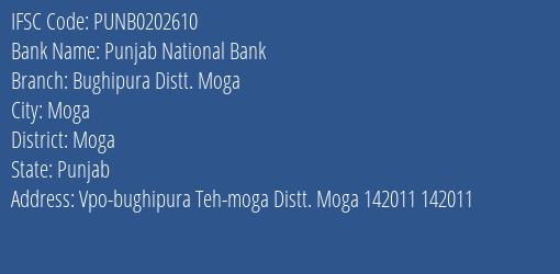 Punjab National Bank Bughipura Distt. Moga Branch Moga IFSC Code PUNB0202610