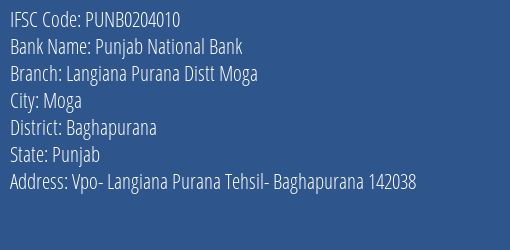 Punjab National Bank Langiana Purana Distt Moga Branch Baghapurana IFSC Code PUNB0204010
