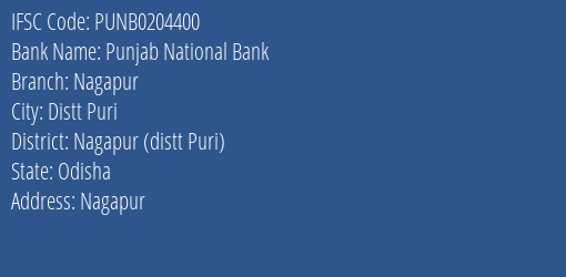 Punjab National Bank Nagapur Branch Nagapur Distt Puri IFSC Code PUNB0204400