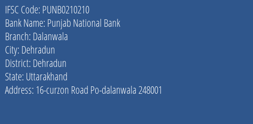 Punjab National Bank Dalanwala Branch, Branch Code 210210 & IFSC Code Punb0210210