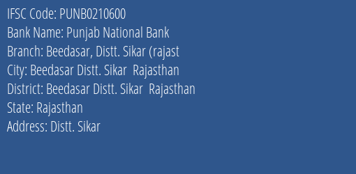 Punjab National Bank Beedasar Distt. Sikar Rajast Branch Beedasar Distt. Sikar Rajasthan IFSC Code PUNB0210600