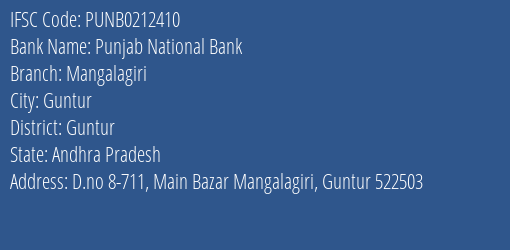 Punjab National Bank Mangalagiri Branch Guntur IFSC Code PUNB0212410