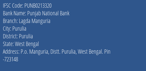 Punjab National Bank Lagda Manguria Branch Purulia IFSC Code PUNB0213320
