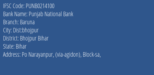 Punjab National Bank Baruna Branch Bhojpur Bihar IFSC Code PUNB0214100