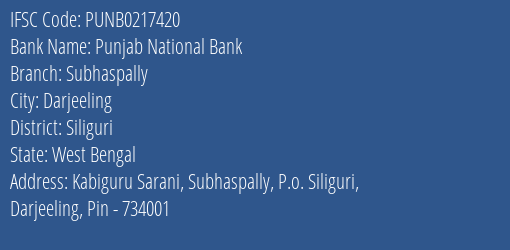 Punjab National Bank Subhaspally Branch Siliguri IFSC Code PUNB0217420