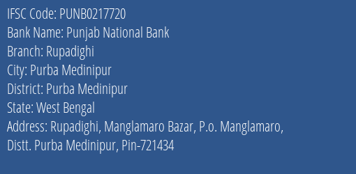 Punjab National Bank Rupadighi Branch Purba Medinipur IFSC Code PUNB0217720