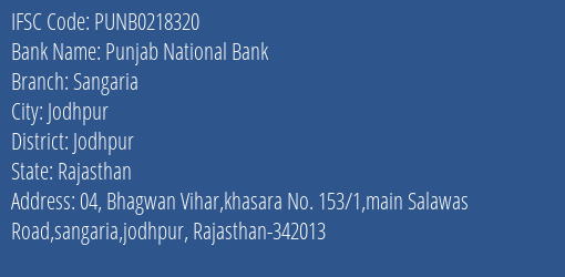 Punjab National Bank Sangaria Branch Jodhpur IFSC Code PUNB0218320