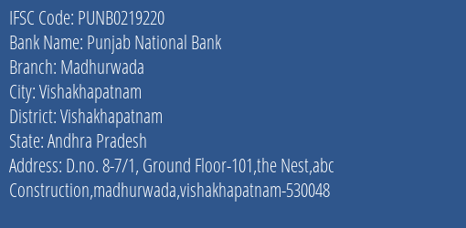 Punjab National Bank Madhurwada Branch Vishakhapatnam IFSC Code PUNB0219220