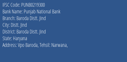 Punjab National Bank Baroda Distt. Jind Branch Baroda Distt. Jind IFSC Code PUNB0219300