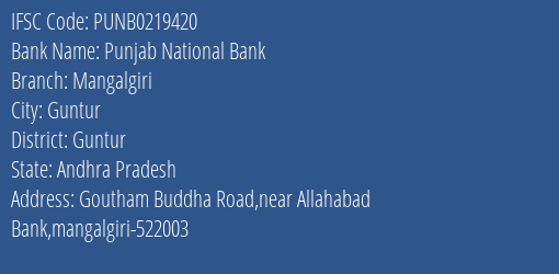Punjab National Bank Mangalgiri Branch Guntur IFSC Code PUNB0219420