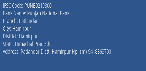 Punjab National Bank Patlandar Branch Hamirpur IFSC Code PUNB0219800