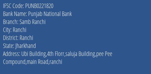 Punjab National Bank Samb Ranchi Branch Ranchi IFSC Code PUNB0221820
