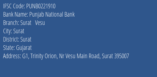 Punjab National Bank Surat Vesu Branch Surat IFSC Code PUNB0221910