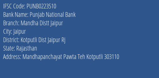 Punjab National Bank Mandha Distt Jaipur Branch Kotputli Dist Jaipur Rj IFSC Code PUNB0223510
