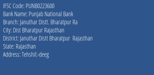 Punjab National Bank Januthar Distt. Bharatpur Ra Branch Januthar Distt Bharatpur Rajasthan IFSC Code PUNB0223600