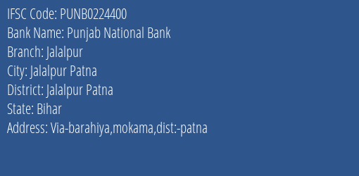 Punjab National Bank Jalalpur Branch Jalalpur Patna IFSC Code PUNB0224400